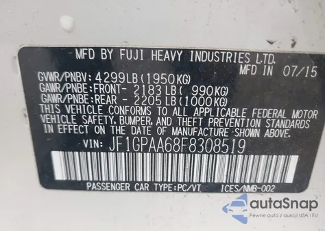 2015 Subaru Impreza 2.0I z USA, uszkodzony, nr VIN JF1GPAA68F8308519